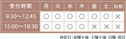 東京都 多摩市 多摩センター 婦人科 不妊治療 こまちレディースクリニックの受付時間｜【月曜日～木曜日】9:30～12:30、15:00～18:30、【土曜日】9:30～12:30、15:00～17:00、【休診日】金曜日・日曜日・祝日